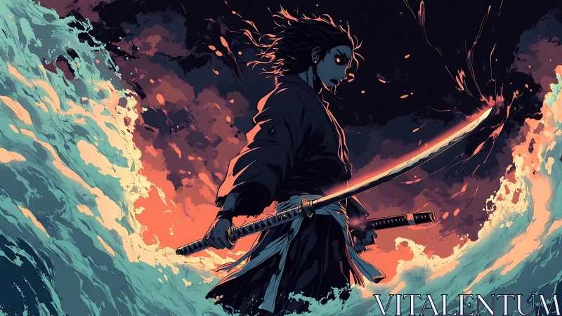 Kinetic anime swordsman amid turbulent spectral ocean surge.