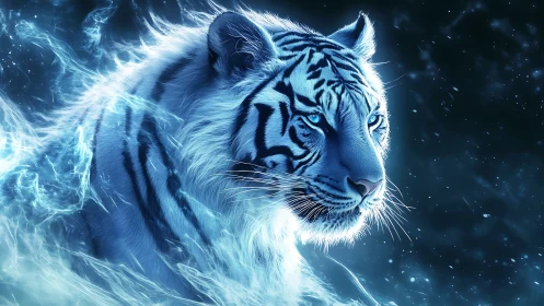 Stormborn ice tiger prowls through electric winter night.