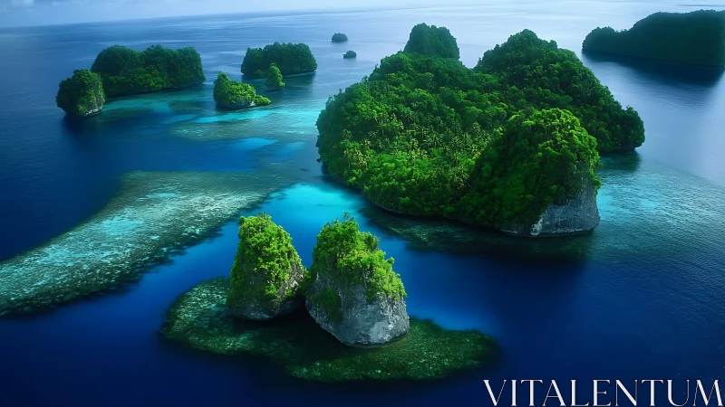 Limestone islands with tropical vegetation surrounded by turquoise water.