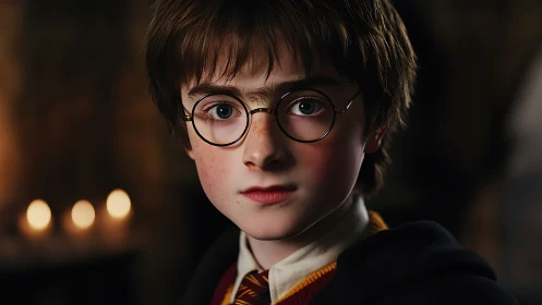 Young boy with round glasses stares directly at camera