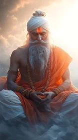 Meditating sage in orange robes above misty clouds.