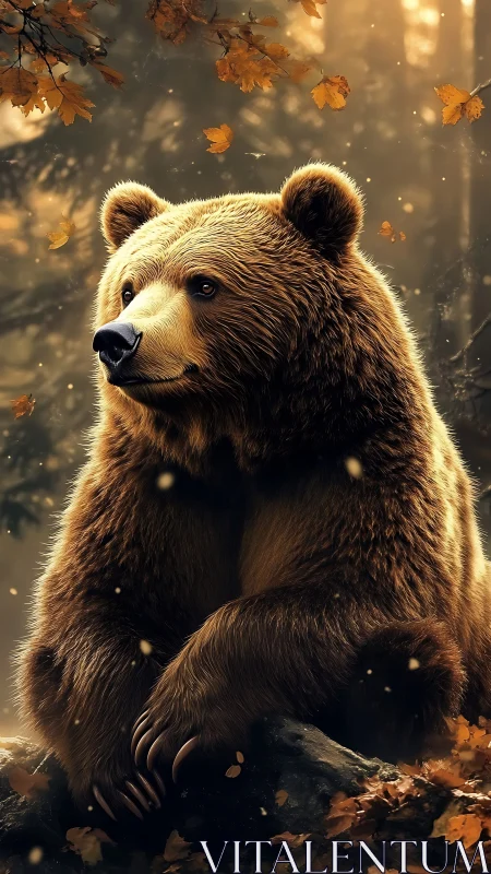 Brown bear sits on forest rock in soft autumn light