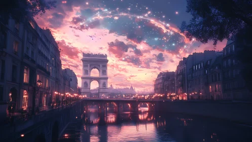 Arc de Triomphe under luminous astral arch at dusk in Paris