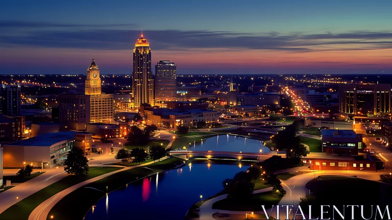Twilight urban skyline with reflective river corridor illumination.