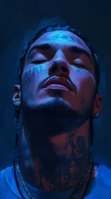 Digital painting portrait in blue low-key chiaroscuro profile.