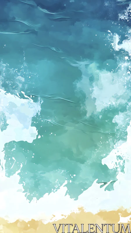 Digital watercolor shoreline with abstract ocean gradients.