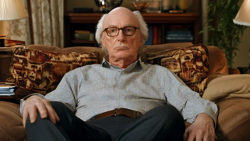 Elderly man rests on sofa in warmly lit living room interior.