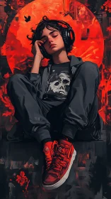 Teen listening to headphones before blazing red sun