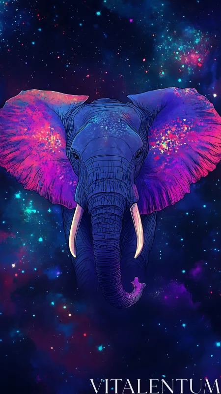 Cosmic neon elephant portrait in frontal symmetric layout.