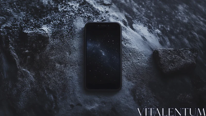 Smartphone with galaxy screen on textured dark stone surface