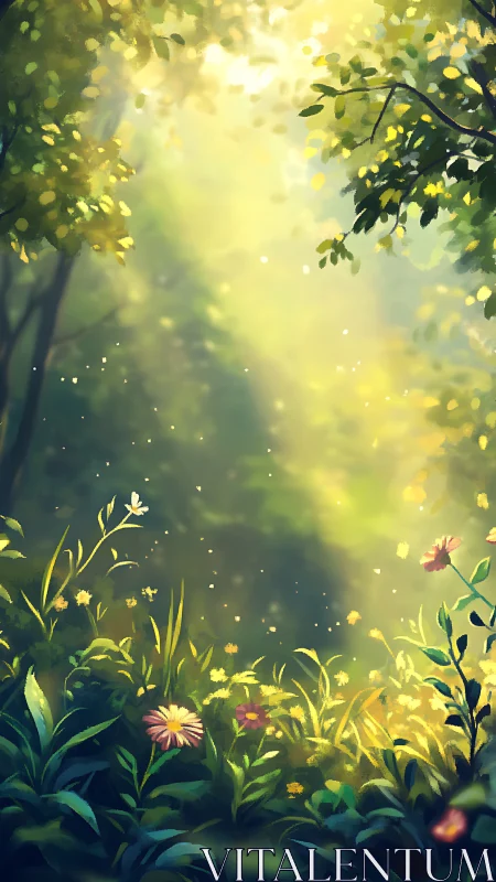 Sunlit Forest Meadow with Golden Light Filtering Through Canopy