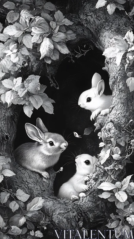 Monochrome woodland rabbits rendered in detailed digital chiaroscuro