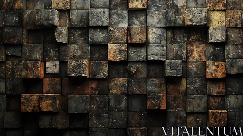 Rustic wooden block wall texture with geometric 3D pattern.