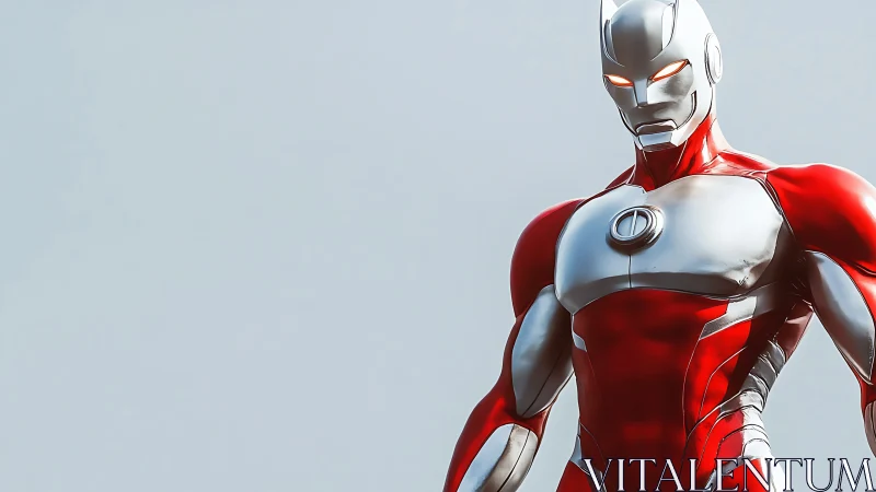 Stoic red chrome superhero rendered in glossy detail.