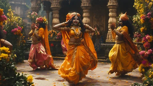 Dancers in ornate yellow costumes move through temple courtyard