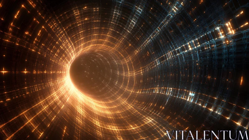 Futuristic glowing tunnel with orange and blue lights, digital art.