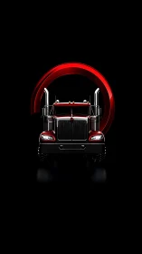 Red semi truck front view with bold arc accent graphic.