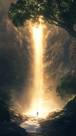 Solitary wanderer beneath a golden celestial waterfall.
