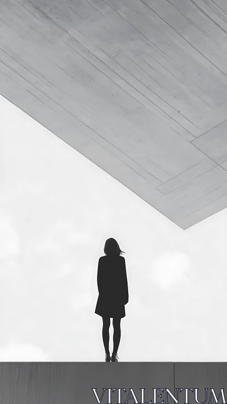 Silhouette of woman under large concrete overhang.