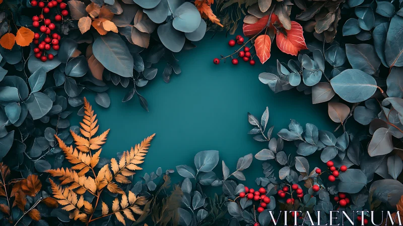 Teal foliage frame with orange ferns and crimson berries.