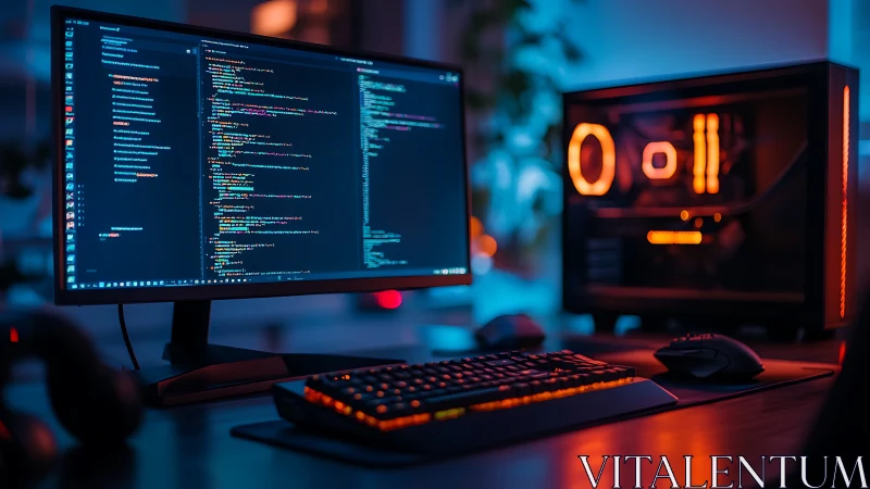 Neon code rivers flow across a gamer’s midnight command bridge