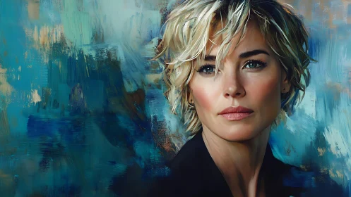 Portrait of a contemplative woman in textured teal brushstrokes.