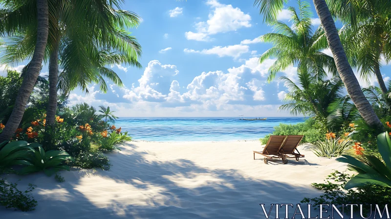Tropical Beach Paradise with Palm Trees and Lounge Chairs.