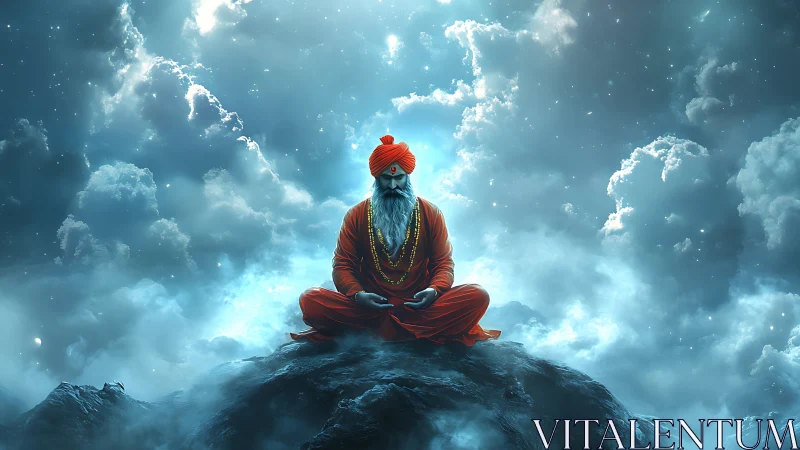 Digital painting of meditating sage amid luminous stormclouds.