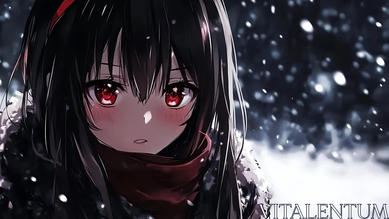 Red eyed girl stands silent in softly falling winter snow
