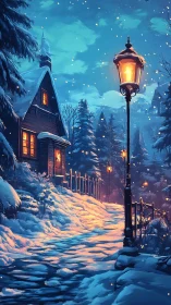 Snow-covered cottage path under warm lamplight glow at dusk.