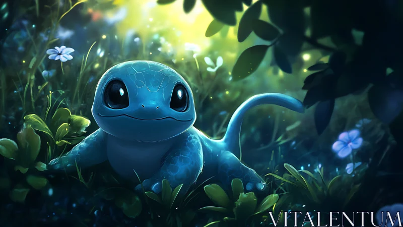 Bioluminescent baby reptile resting in luminous forest glade