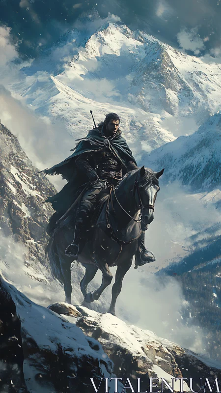 Mounted ranger traversing perilous alpine escarpment in winter.