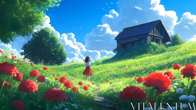 Girl walks through flowered hillside toward wooden house structure