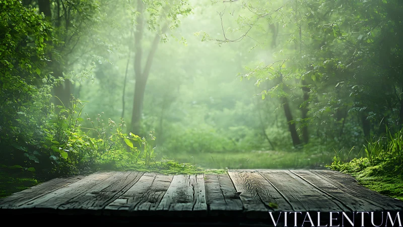 Wooden Platform in Misty Forest with Diffused Atmospheric Lighting and Dense Botanical Environment