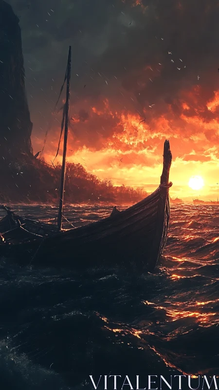 Storm-lit longship under turbulent sunset wave dynamics.