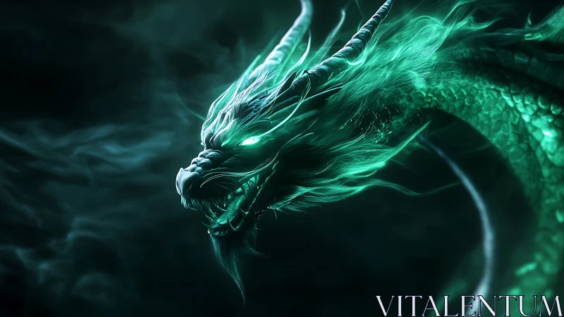 Emerald spirit dragon coils through shadowed storming mist