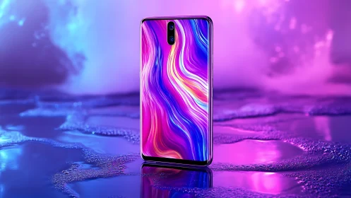 Neon smartphone on reflective liquid surface at night.