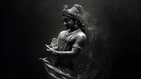 Dark monochrome statue of ornate Hindu style deity figure.