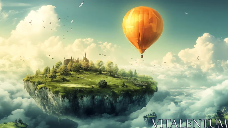 Skyward kingdom island drifting beside a lone amber balloon.
