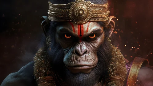 Simian warrior deity rendered in high-fidelity digital chiaroscuro.