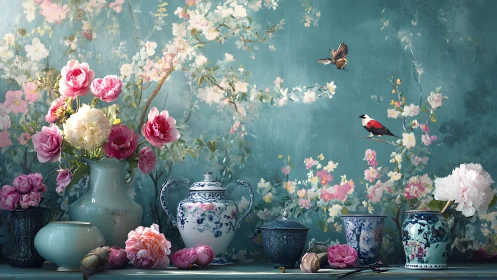 Floral Still Life with Porcelain and Bird.