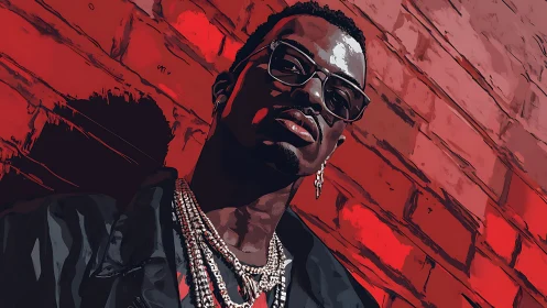 Stylized rapper portrait against bold red brick wall.