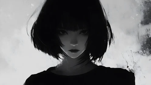 Monochrome portrait depicts stylized female figure in shadow