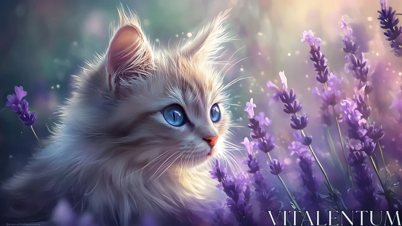 Luminescent white feline with blue iris among lavender botanical field.