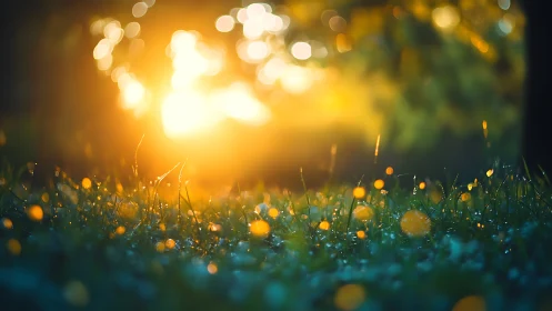 Morning sunlight over wet grass with glowing bokeh circles.
