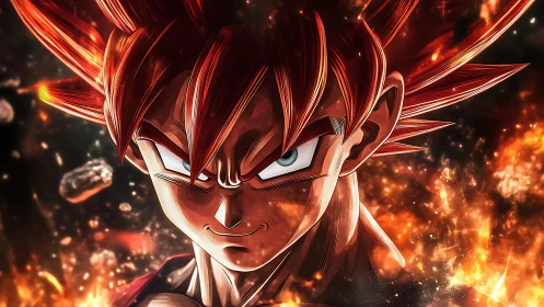Fiery red-haired anime warrior close-up in explosive battle scene