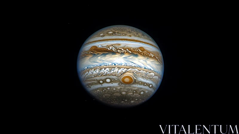 Storm-swirled Jupiter draped in caramel clouds and ghostlight.