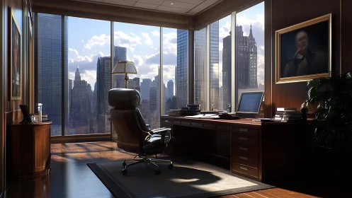 Executive corner office with city skyline view at sunset.