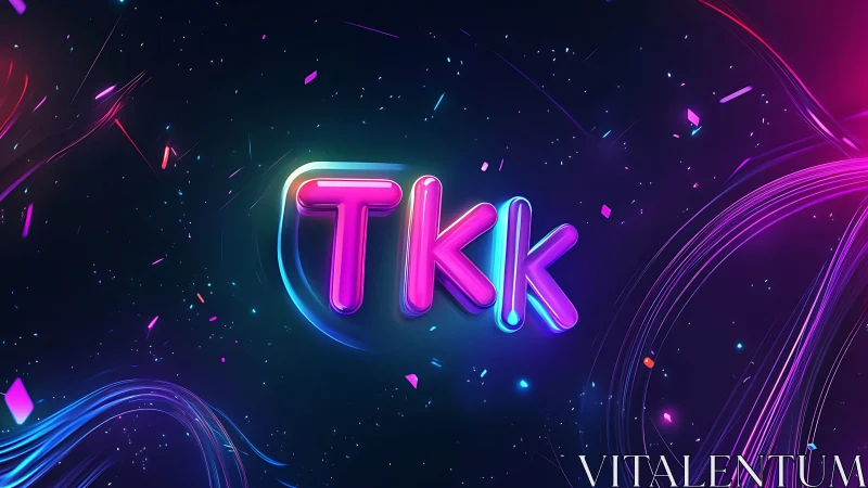 Neon TKK letterforms appear centered on a dark abstract field