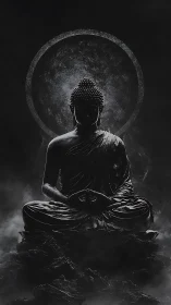 Buddha statue sits in dark mist with radiant halo ring